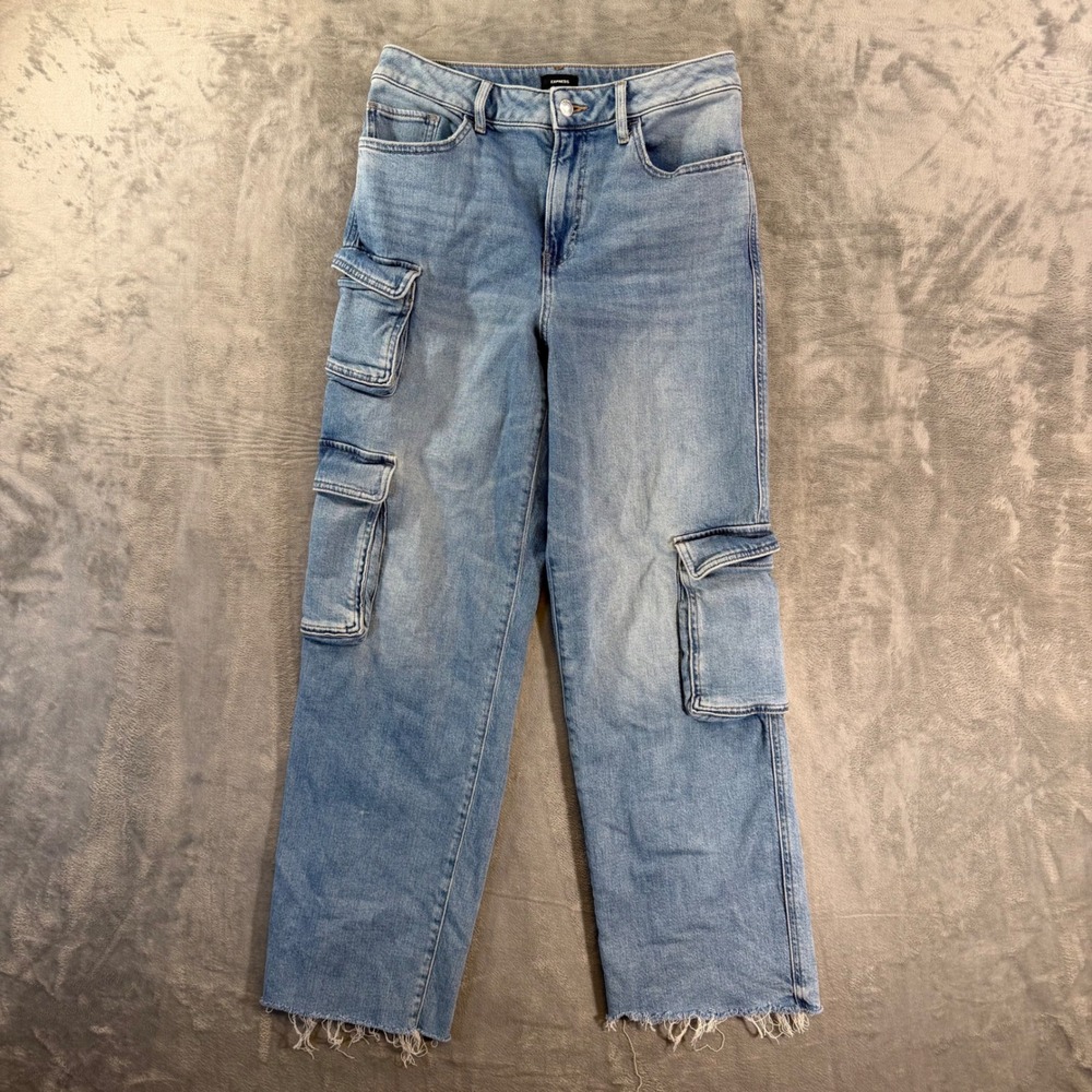 Express Relaxed Straight Cargo Jeans Womens Size 6R Light Blue High Rise Stretch